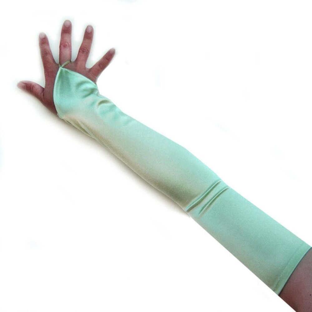 Women's Mint Green Finger Loop Fingerless Long Satin Gloves Wedding Party Prom
